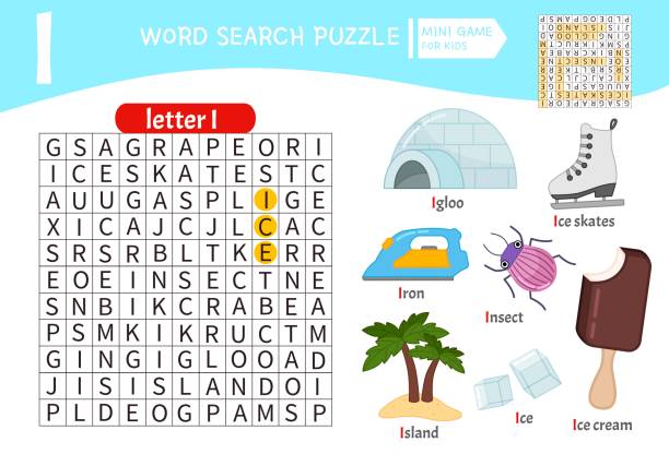 ilustrações, clipart, desenhos animados e ícones de puzzle de palavras jogo educacional de crianças - island education learning letter i