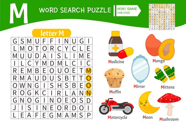 wörter puzzle kinder lernspiel - letter m alphabet food fruit stock-grafiken, -clipart, -cartoons und -symbole