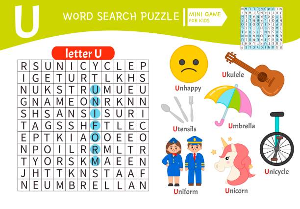 Words puzzle children educational game Words puzzle children educational game. Learning vocabulary. Letter U. Cartoon objects on a letter U. letter u with words stock illustrations