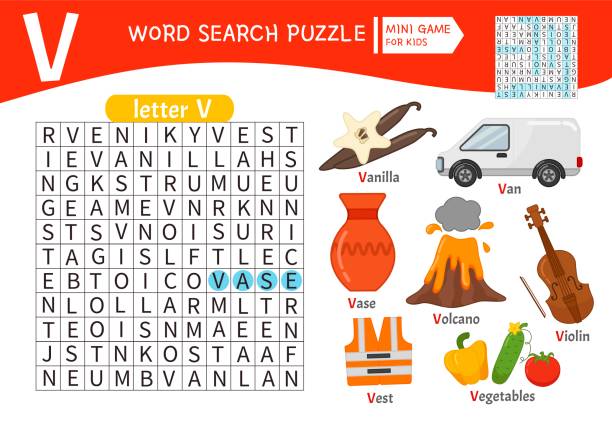 Words puzzle children educational game Words puzzle children educational game. Learning vocabulary. Letter V. Cartoon objects on a letter V letter u with words stock illustrations