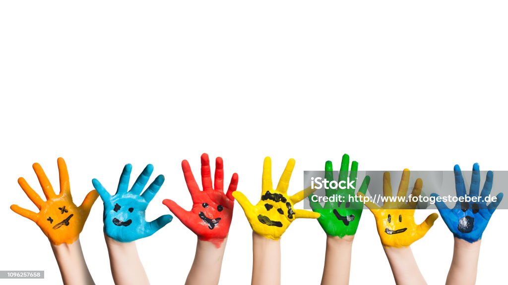 many colorful hands with smileys many colorful hands with smileys in front of white background Child Stock Photo