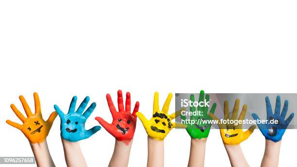 Many Colorful Hands With Smileys Stock Photo - Download Image Now - Child, Hand, Paint