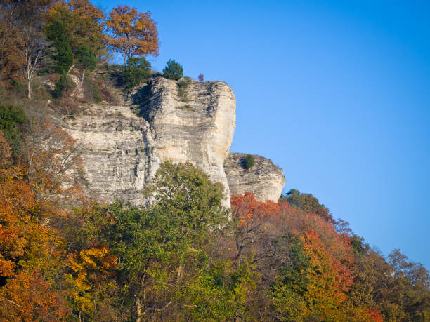 Grafton Illinois Bluffs in Fall with blue sky and changing leaves