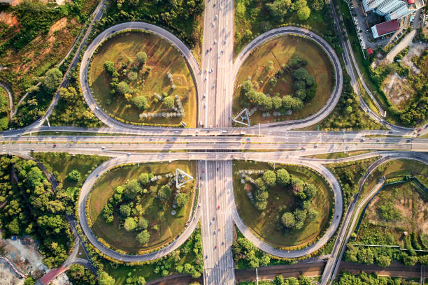 Aerial shot of a motorway with cloverleaf pattern stock photo