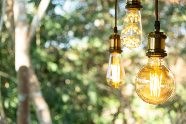 istock classic retro incandescent led electric lamp warm white on blur background, Vintage light bulb 1096314052