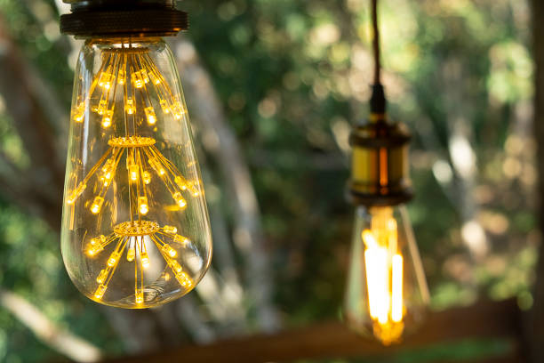 istock classic retro incandescent led electric lamp warm white on blur background, Vintage light bulb 1096314142