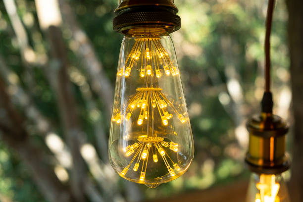 istock classic retro incandescent led electric lamp warm white on blur background, Vintage light bulb 1096314156
