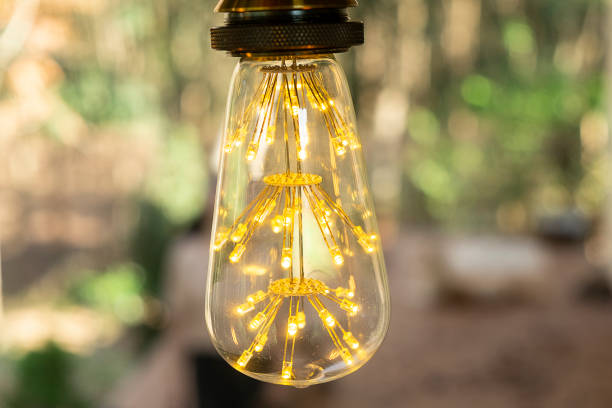 istock classic retro incandescent led electric lamp warm white on blur background, Vintage light bulb 1096314320