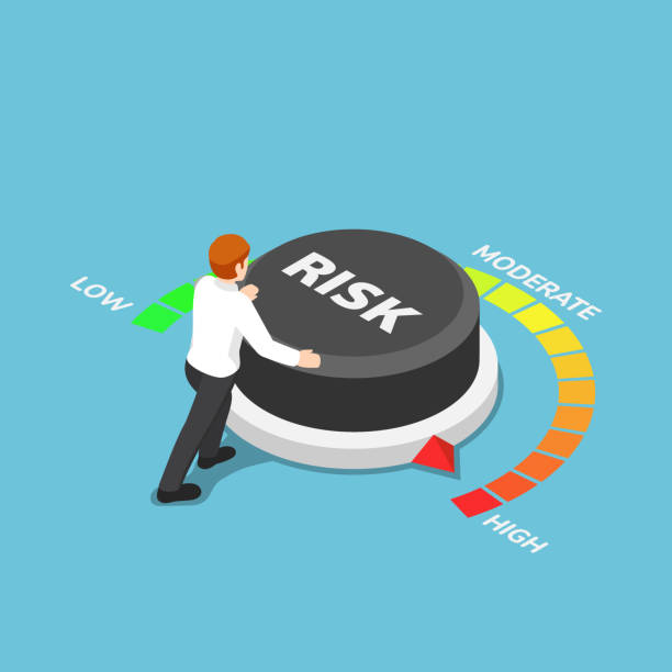 Isometric businessman turning risk button to high position Flat 3d isometric businessman turning risk button to high position. Business risk concept. risk illustrations stock illustrations