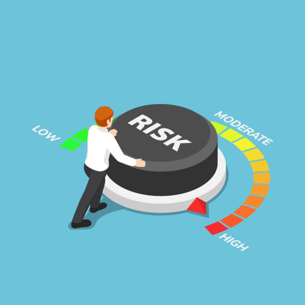 Isometric businessman turning risk button to high position Flat 3d isometric businessman turning risk button to high position. Business risk concept. cartoon of conclusion stock illustrations