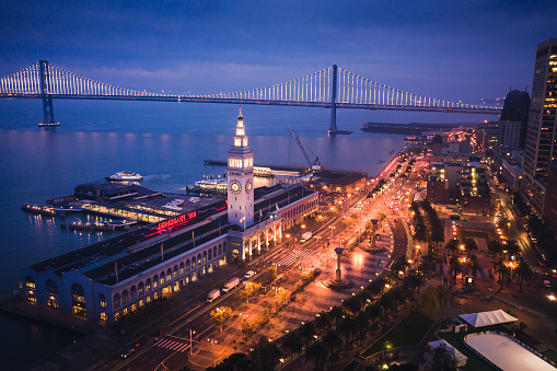 Aerial Cityscape View of San Francisco Ferry Building and Embarcadero at Dusk
