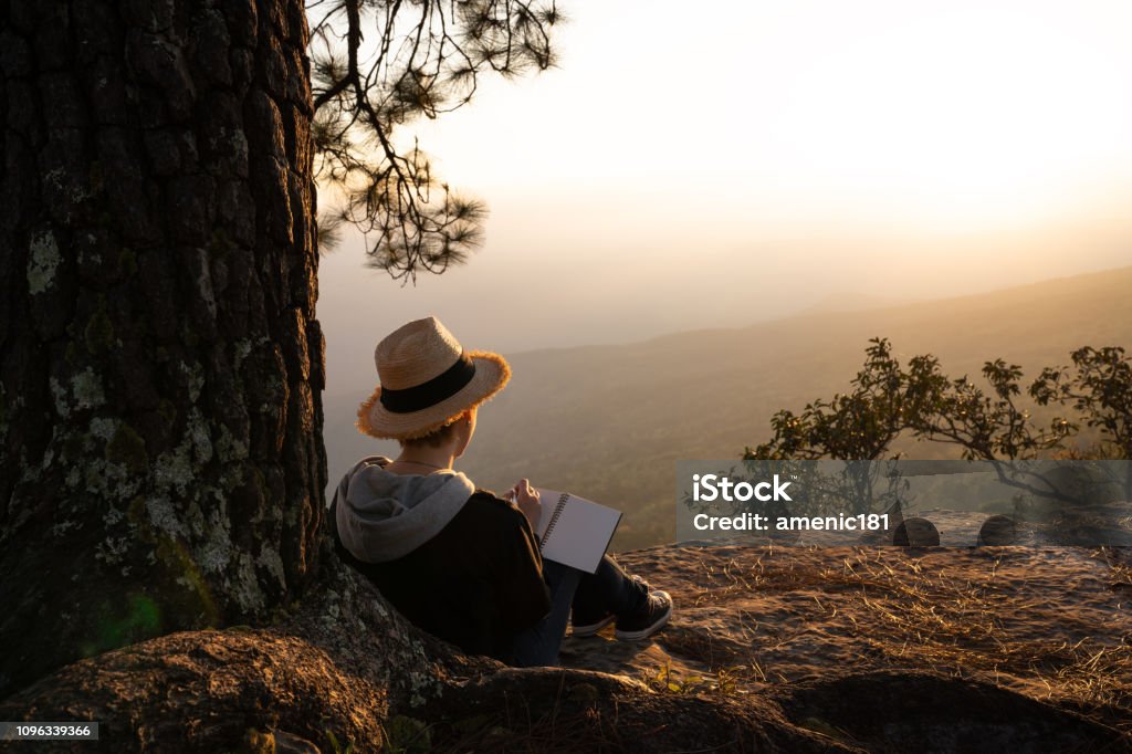 Woman sitting under a pine tree reading and writing looking out at a beautiful natural view Writing - Activity Stock Photo
