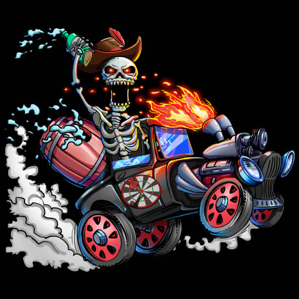 Skeleton and Car. Skull and Truck isolated. Vintage Portrait Artwork. Skeleton and Car. Skull and Truck isolated. Vintage Portrait Artwork. Concept Art. Realistic Illustration. Video Game Digital CG Artwork. Character Design. cartoon of painted skull faces stock illustrations