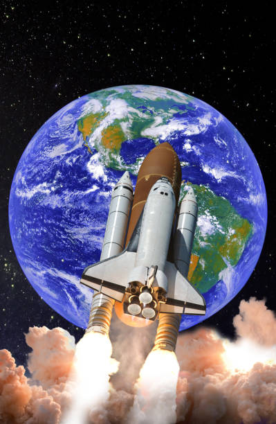 istock Space shuttle launch in the open space over the Earth. Spaceship taking off on a mission. Elements of this image furnished by NASA. 1096354900