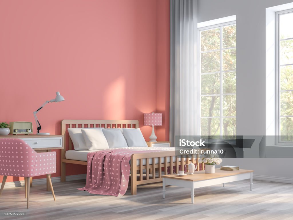 Coral pink bedroom with nature view 3d render Coral pink bedroom with nature view 3d render,The rooms have  wooden floors and Coral pink empty walls,Furnished with pink fabric furniture,There are large window sunlight shining into the room. Bedroom Stock Photo