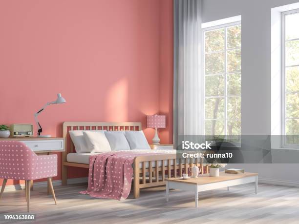 Coral Pink Bedroom With Nature View 3d Render Stock Photo - Download Image Now - Bedroom, Pink Color, Multi Colored