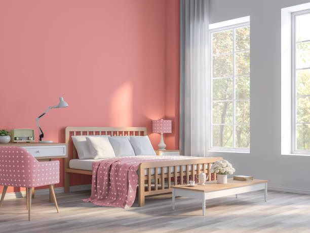 коралловый розовый спальня с видом на природу 3d визуализации - bedroom wall pink bed стоковые фото и изображения