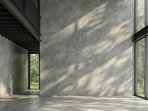 Loft space empty room with nature view 3d render,There are polished concrete floor and wall,black steel structure,There are large windows look out to see the nature,sunlight shining into the room.