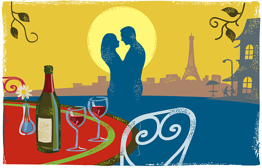 Romantic Paris Scene with couple kissing in textured print style style