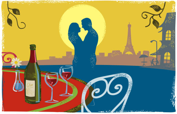 Romantic Scene - Paris Romantic Paris Scene with couple kissing in textured print style style eiffel tower restaurant stock illustrations