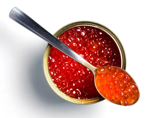 Red caviar of salmon fish. Metal can, spoon with caviar. White background