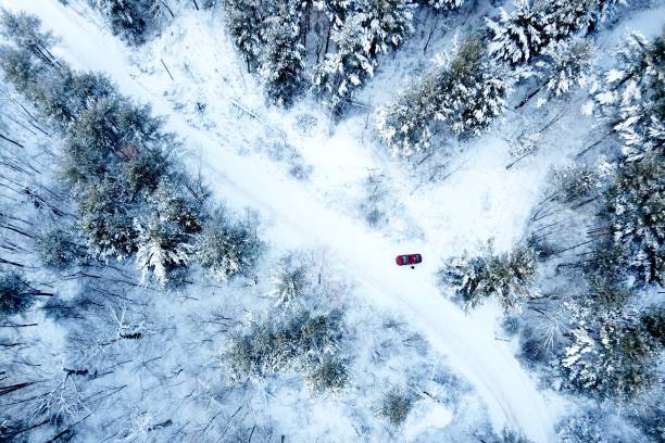istock Aerial view of snow covered road 1096379148