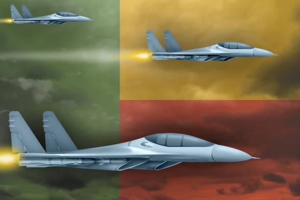 istock Benin air forces strike concept. Air planes attack on Benin flag background. 3d Illustration 1096421004