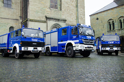 Soest, Germany - December 31, 2018: German Federal Agency for Technical Relief Equipment Vehicle (German: Bundesanstalt Technisches Hilfswerk)