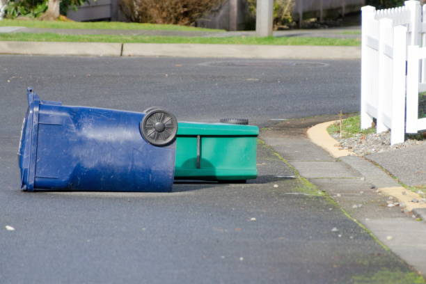 Green and blue dumpster bibs lying on the driveway in Seattle neighborhood after windstorm stock photo