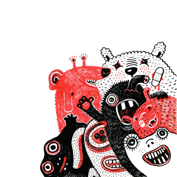 ilustraciones, imágenes clip art, dibujos animados e iconos de stock de amistoso grupo de monstruos - garabato ilustraciones