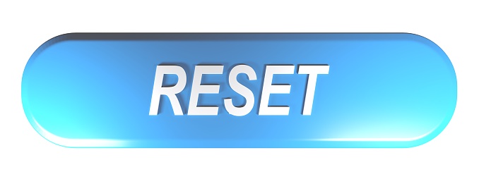 A blue rounded rectangle push button with the write RESET - 3D rendering illustration