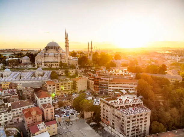 Aerial view of Süleymaniye mosque in Istambul at sunset time