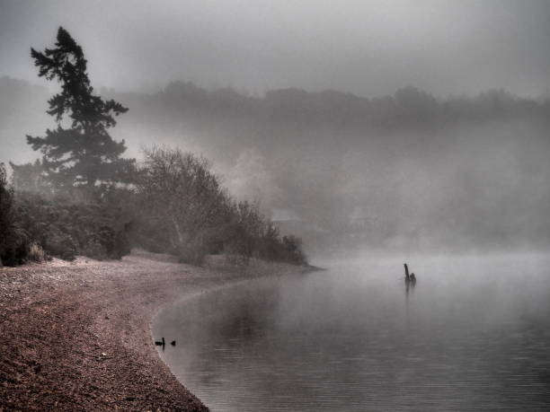 niebla en el borde del lago ness con una extraña silueta en el agua. ¿es nessie? - loch ness fotografías e imágenes de stock