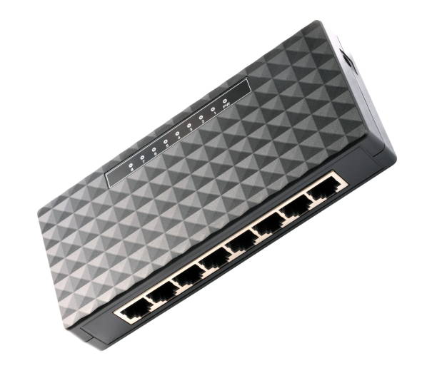 istock black 8 Port Plastic Ethernet Switch isolated on white background at dry day 1096444840