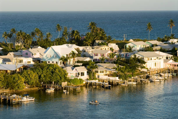 Bahamas Aerial views of the Hope Town, Elbow Cay, Abacos. Bahamas. Lighthouse and harbor in the tiny village of Hope Town. cay stock pictures, royalty-free photos & images