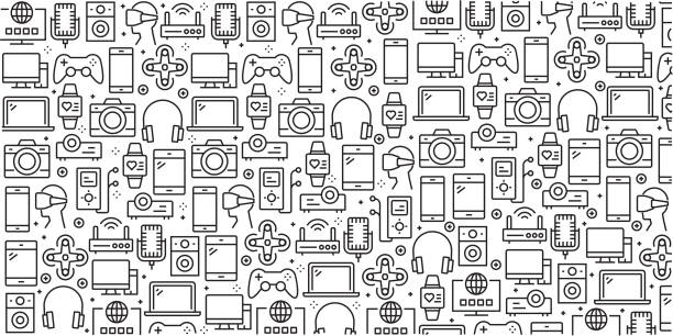 Vector set of design templates and elements for Electronics and Devices in trendy linear style - Seamless patterns with linear icons related to Electronics and Devices - Vector Vector set of design templates and elements for Electronics and Devices in trendy linear style - Seamless patterns with linear icons related to Electronics and Devices - Vector electronics stock illustrations