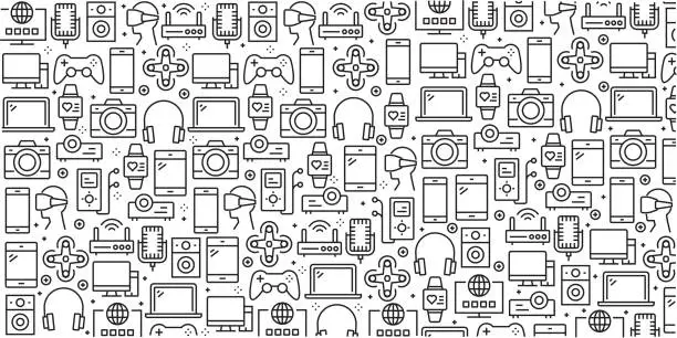 Vector illustration of Vector set of design templates and elements for Electronics and Devices in trendy linear style - Seamless patterns with linear icons related to Electronics and Devices - Vector