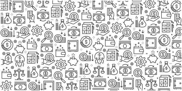 Vector set of design templates and elements for Finance in trendy linear style - Seamless patterns with linear icons related to Finance - Vector Vector set of design templates and elements for Finance in trendy linear style - Seamless patterns with linear icons related to Finance - Vector banking patterns stock illustrations