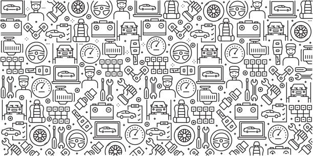 자동차 서비스-벡터에 관련 된 선형 아이콘으로 원활한 패턴 벡터 유행 선형 스타일-자동차 서비스에 대 한 디자인 서식 파일의 요소 집합 - car backgrounds battery service stock illustrations