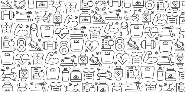Vector set of design templates and elements for Fitness in trendy linear style - Seamless patterns with linear icons related to Fitness - Vector Vector set of design templates and elements for Fitness in trendy linear style - Seamless patterns with linear icons related to Fitness - Vector gym backgrounds stock illustrations