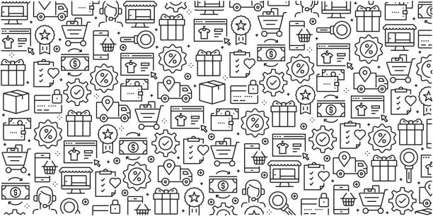 ilustrações de stock, clip art, desenhos animados e ícones de vector set of design templates and elements for e-commerce in trendy linear style - seamless patterns with linear icons related to e-commerce - vector - print shop