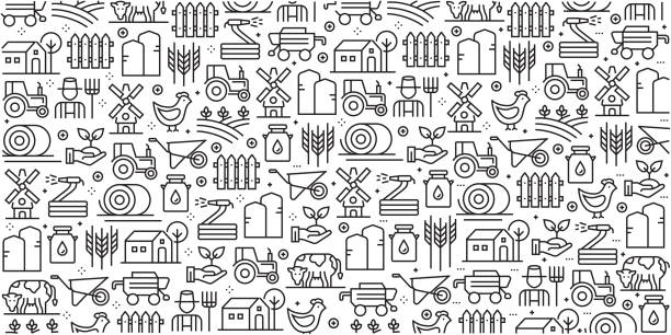 ilustrações de stock, clip art, desenhos animados e ícones de vector set of design templates and elements for farm and agriculture in trendy linear style - seamless patterns with linear icons related to farm and agriculture - vector - chicken animal farm field