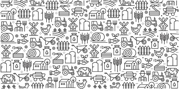 Vector set of design templates and elements for Farm and Agriculture in trendy linear style - Seamless patterns with linear icons related to Farm and Agriculture - Vector