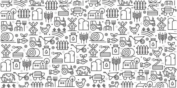 Vector illustration of Vector set of design templates and elements for Farm and Agriculture in trendy linear style - Seamless patterns with linear icons related to Farm and Agriculture - Vector