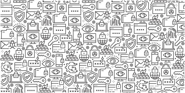 illustrations, cliparts, dessins animés et icônes de vector ensemble de modèles de conception et les éléments pour la cybersécurité dans un style linéaire branché - profils sans soudure avec icônes linéaires associés à cyber security - vecteur - backgrounds business text key