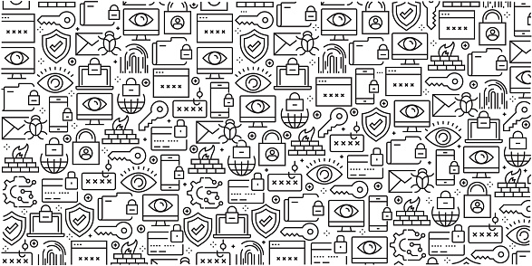 Vector set of design templates and elements for Cyber Security in trendy linear style - Seamless patterns with linear icons related to Cyber Security - Vector