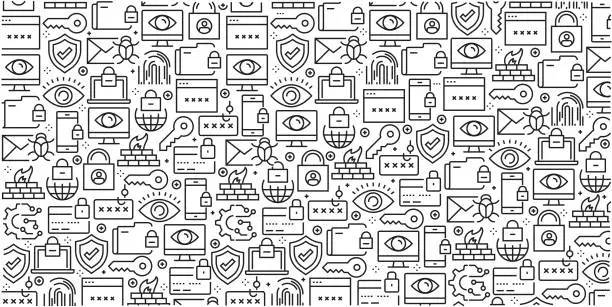 Vector illustration of Vector set of design templates and elements for Cyber Security in trendy linear style - Seamless patterns with linear icons related to Cyber Security - Vector