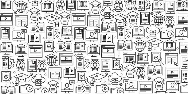 Vector illustration of Vector set of design templates and elements for E-Learning in trendy linear style - Seamless patterns with linear icons related to E-Learning - Vector