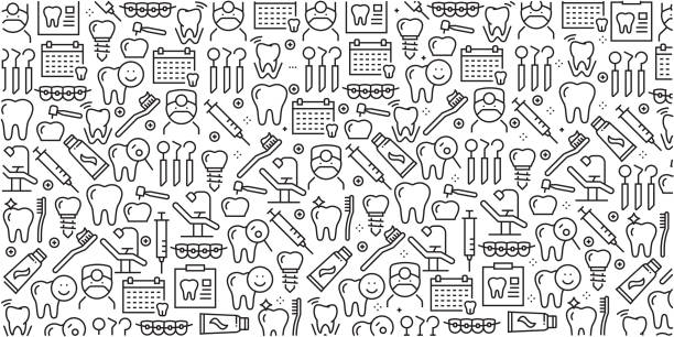 ilustraciones, imágenes clip art, dibujos animados e iconos de stock de vector conjunto de elementos y plantillas de diseño de patrones sin fisuras con los iconos lineales relacionados con dental - vector dental en estilo moderno- - dentist