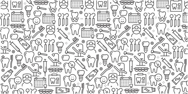 ilustrações, clipart, desenhos animados e ícones de conjunto de modelos de design e elementos de vetor para dental em estilo moderno e linear - padrões sem emenda com lineares ícones relacionados a dental - vector - dentist dental hygiene symbol computer icon